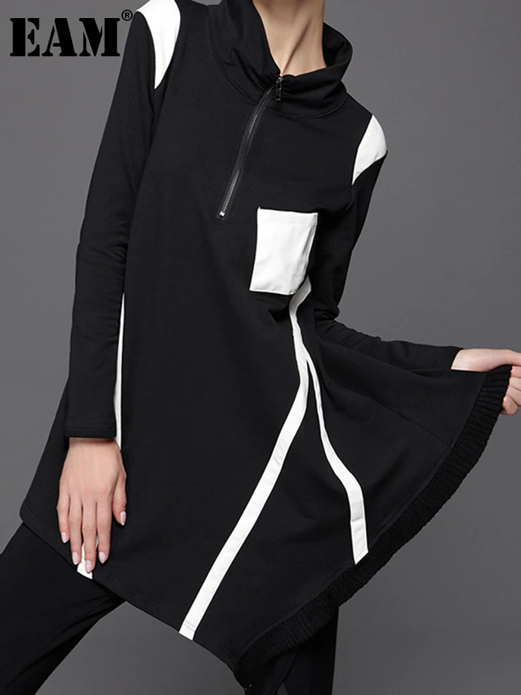 

[EAM] 2022 новый весенний Однотонный свитер с воротником-стойкой и длинным рукавом, Асимметричный свободный свитер, Женская мода JC68100M