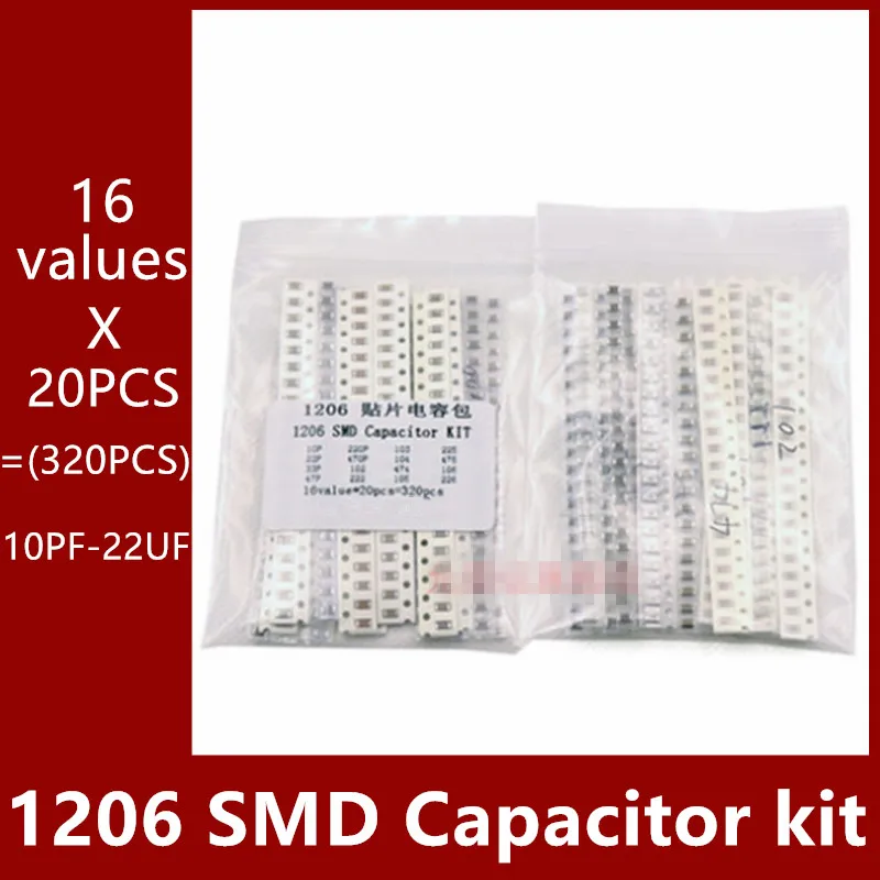 

16values*20pcs=320pcs 1206 SMD Capacitor assorted kit 10PF-22UF 33P 47P 105M 225M 475M Samples kit