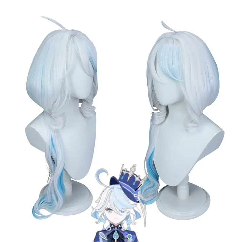 

Genshin Impact Focalors Cosplay Wig 90cm Long Silver White Blue Wig Heat Resistant Synthetic Cosplay Anime Party Wigs + Wig Cap