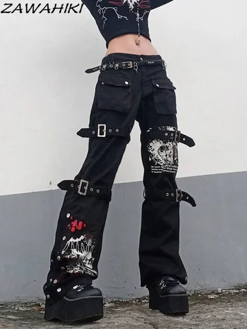 Punk Rock Girl Patchwork Pants Low Waist Streetwear Baggy Pants Y2K Aesthetic Jeans Woman Gothic Metal Decoration Pants