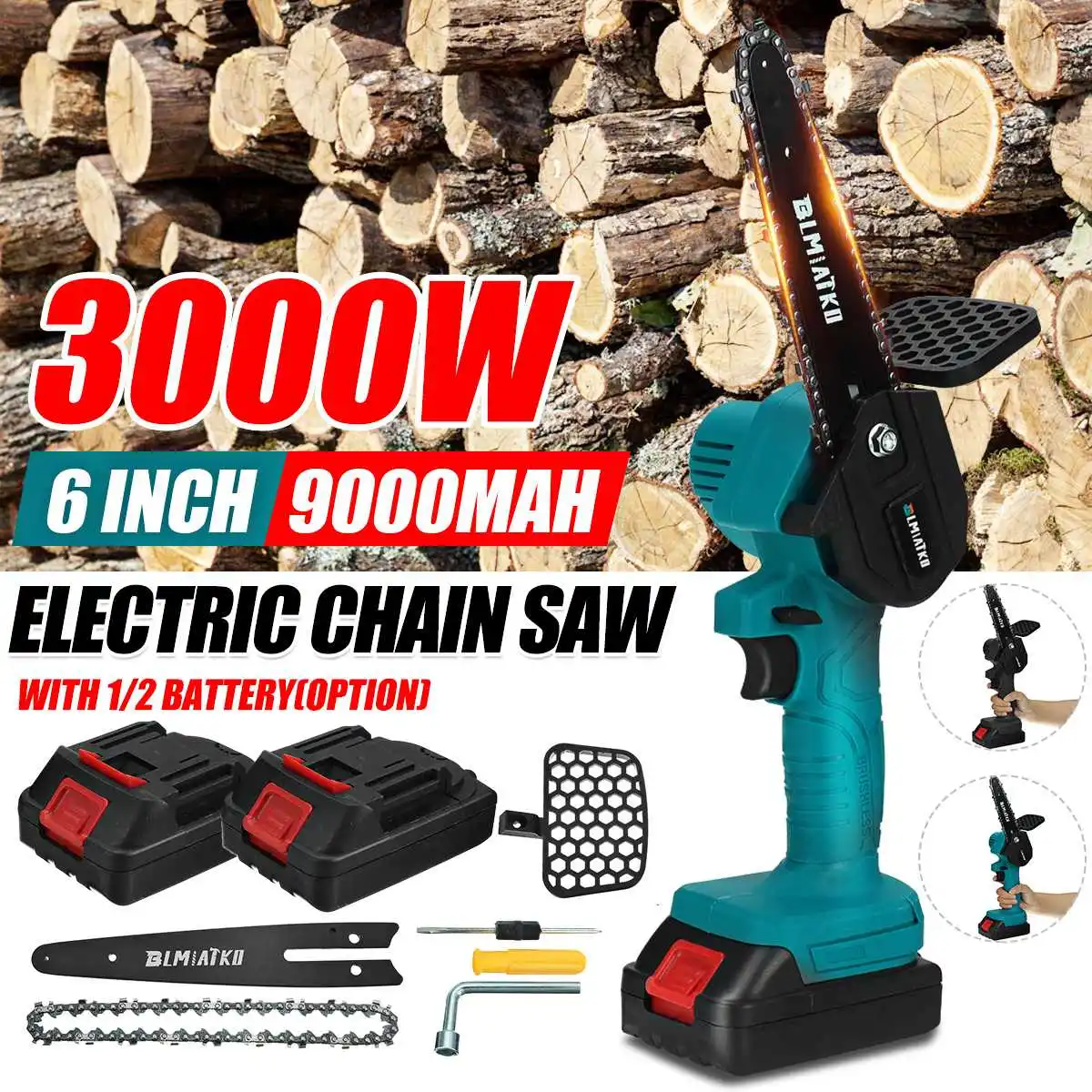 

6 Inch 3000W Electric Chain Saw With 2PC Battery Pruning ChainSaw Cordless Garden Logging Saw Woodworking Cutter Power Tools