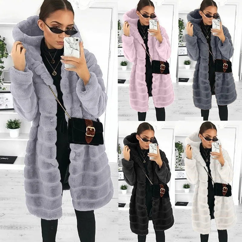Autumn  Winter, Faux Fur, Faux Mink, Long Hooded Fur Coat, Women's Coat   Thick Warm Fur  with Fur Trim Hood Clothes Top
