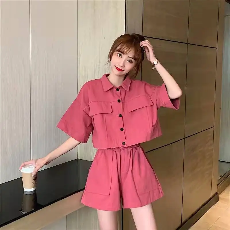 

2022 Summer Women Fashion Suits Female Short-sleeved Solid Suit Jackets and Loose Casual Shorts Ladies Two-piece Sets S140