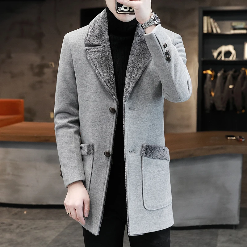 

2023Autumn and winter new men's wool coat in the long paragraph fashion tweed trench coat trend tweed jacket autumn and winter