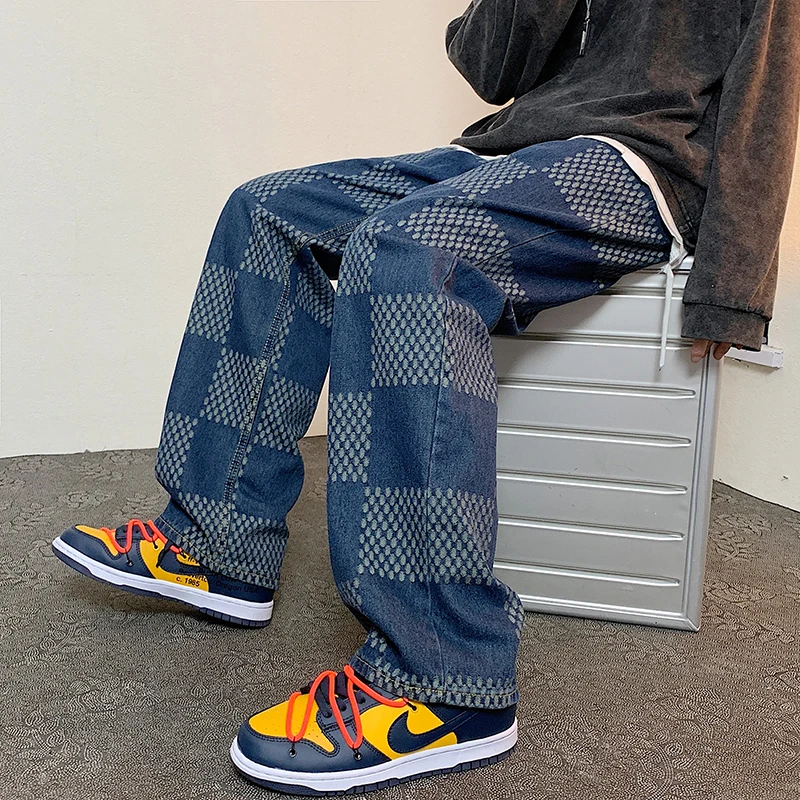 Plaid straight jeans spring oversize men's ins tide brand American fried street wide-leg trousers