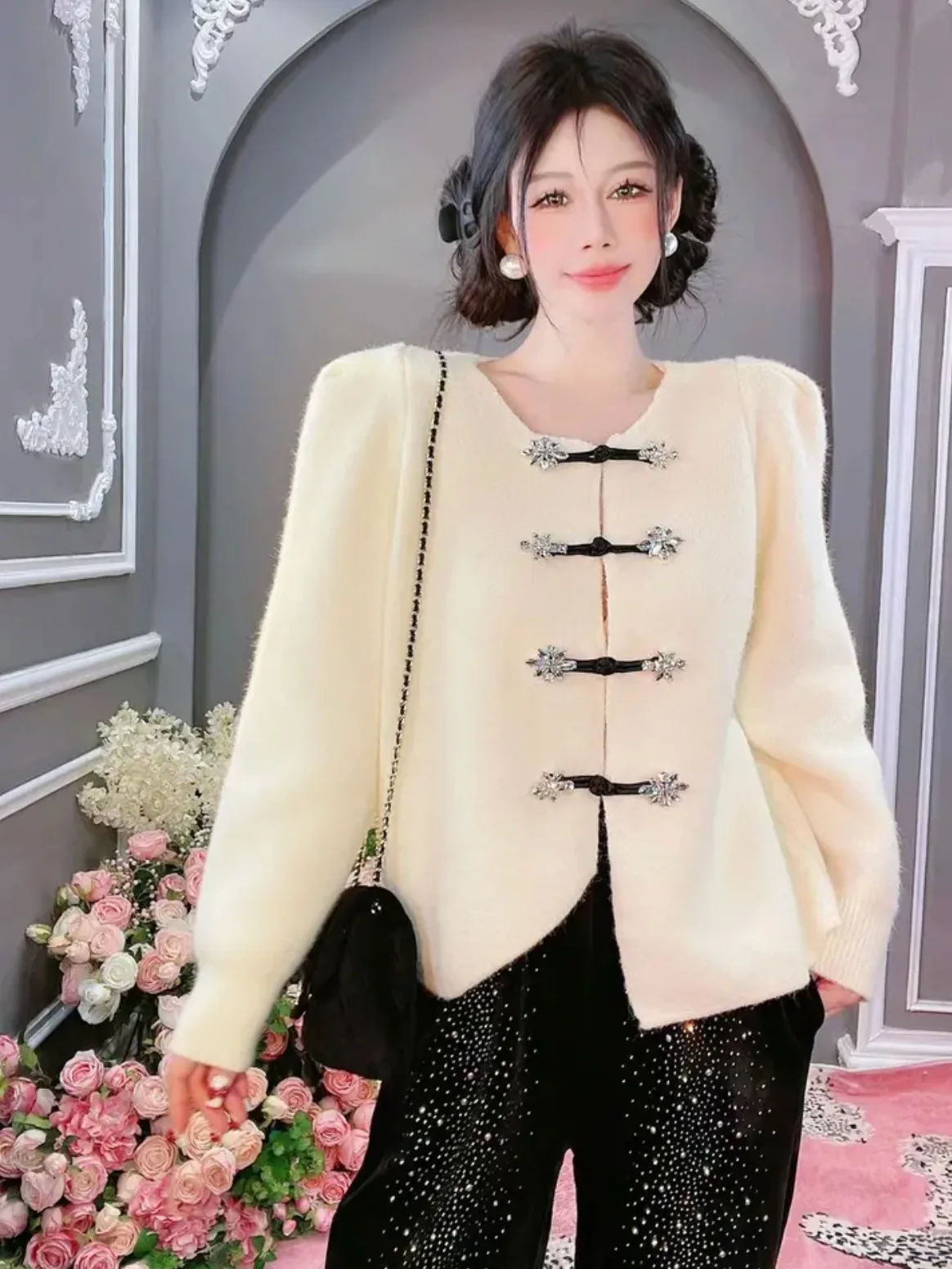 

Fashion Heavy Industry Diamond Panbuckle Irregular Sweater Coat Women Large Size Autumn Winter Knitted Cardigan Jackets BC76