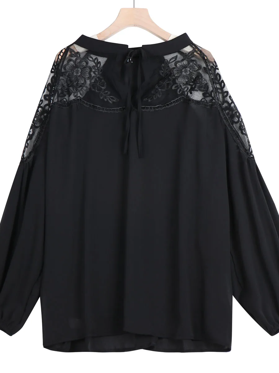 Женская шифоновая блузка с вышивкой кружевная длинным рукавом свободного покроя