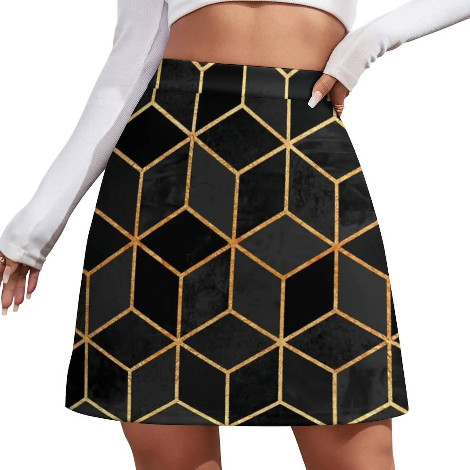 

Gold Geo Print Skirt Black Cubes Aesthetic Casual Skirts Womens Kawaii Mini Skirt Design Clothes Birthday Present