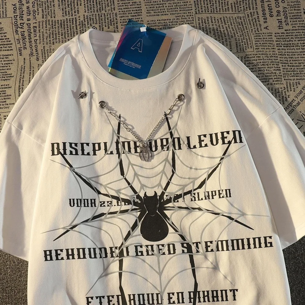 

Fashion Dark Punk Goth Chain Spider Web Graphic T Shirts O-neck Oversized Y2k Top Cotton Summer Large 2XL Teens Couples Harajuku