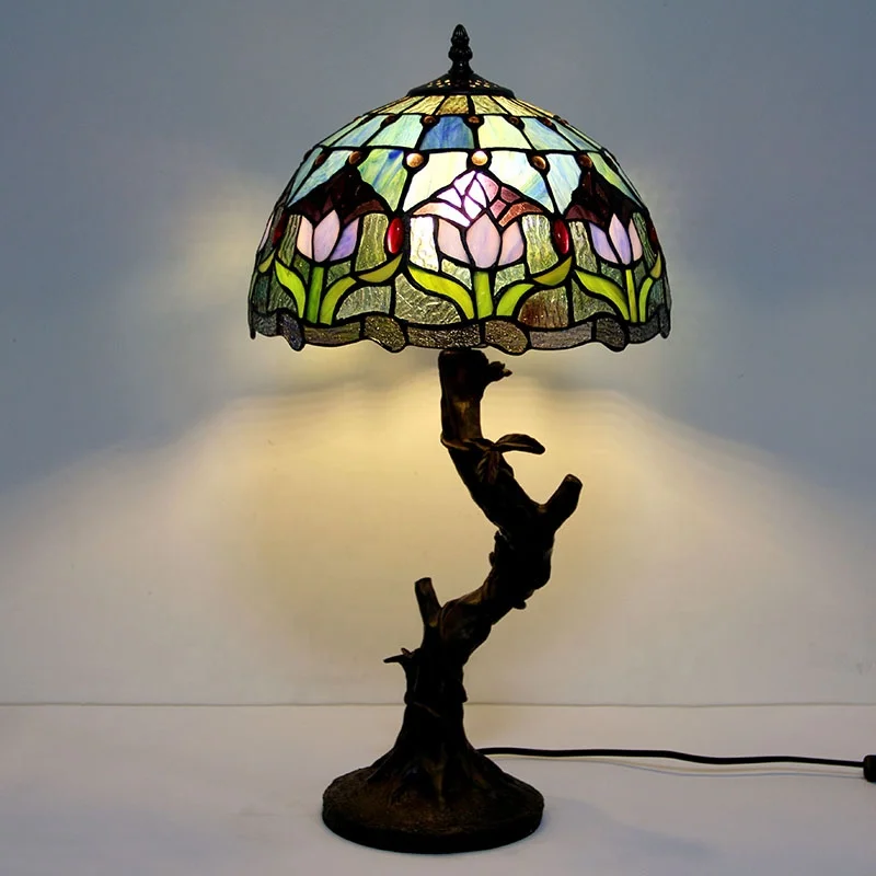 

LongHuiJing Tiffany-Style Table Lamps Tulip Stained Glass Lampshade Desk Light With Antique Tree Base