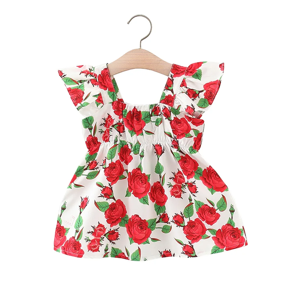 

Summer Baby Girls Allover Rose Flowers Print Dress Flying Sleeve Ruffles Polyester Spandex Cute Princess Dresses for 1-3 Years