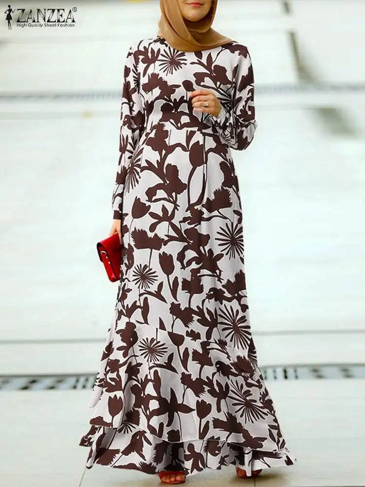 Женское длинное платье с оборками ZANZEA, Платье макси с цветочным принтом в Стиле Мусульманских мусульман, Дубай, Турция