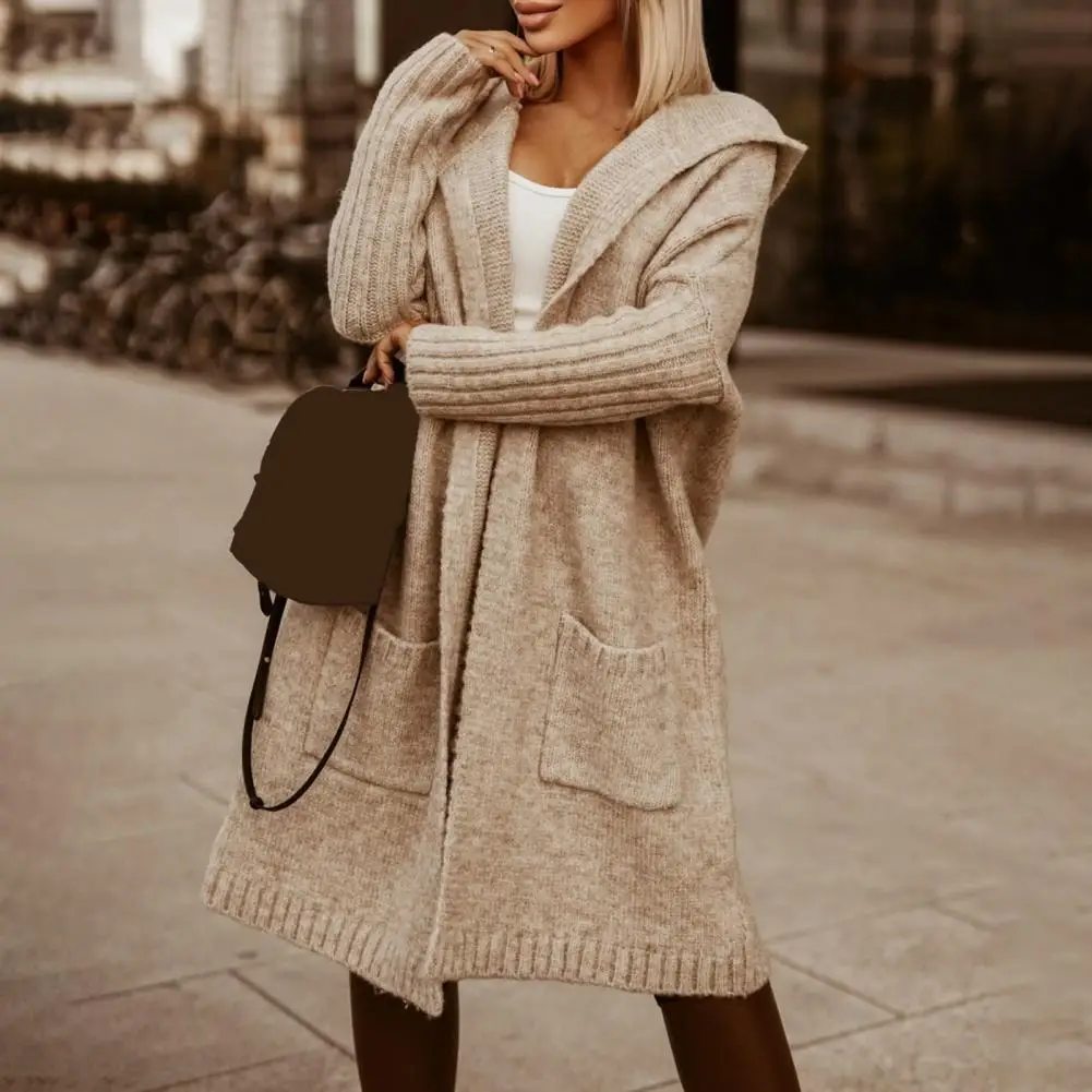 

Women Autumn Winter Hooded Sweater Cardigan Letter Print Open Front Long Sleeve Knitting Coat Streetwear