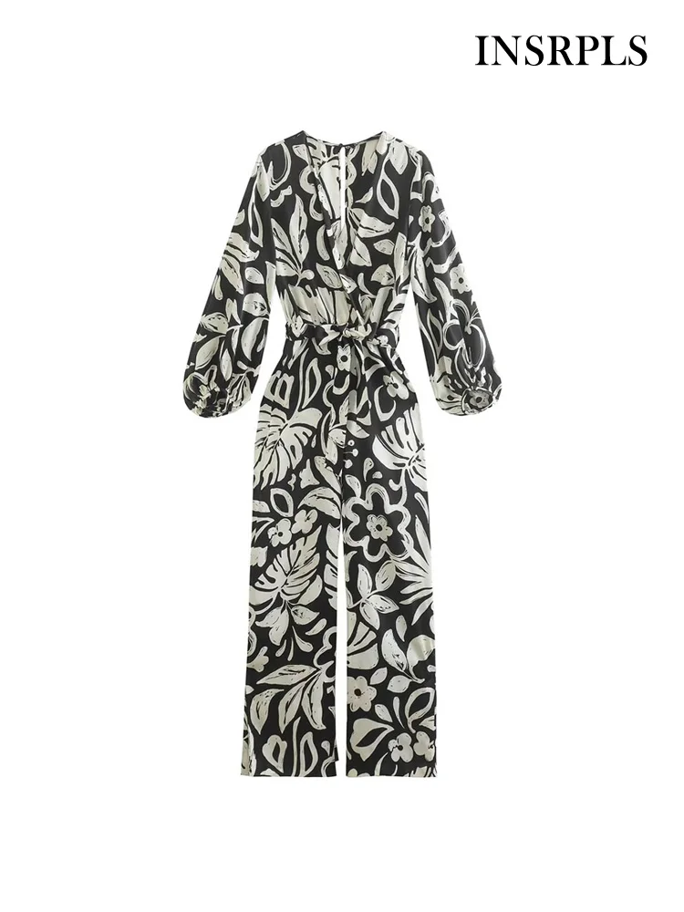 

INSRPLS Women Fashion With Belt Printed Wrap Jumpsuits Vintage V Neck Long Sleeve Female Playsuits Mujer