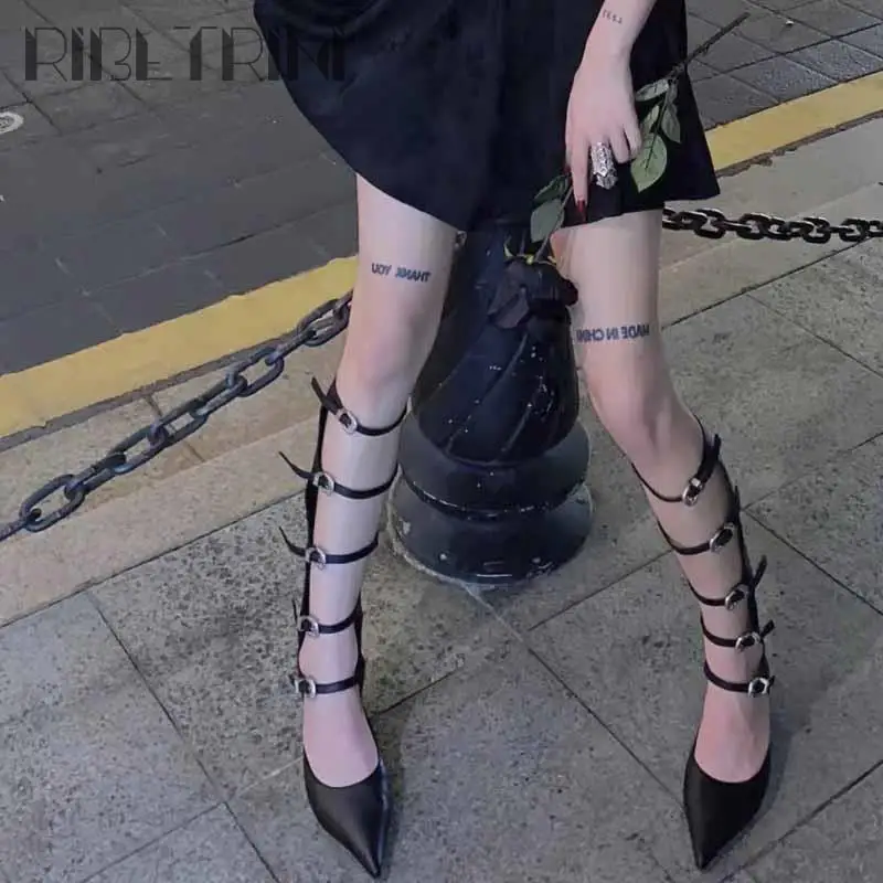 

Brand Pointed Toe Buckle Gladiator Sandals Summer women's Boots Zip Black Chunky High Heels Fashion Design Mid Calf Boots Women