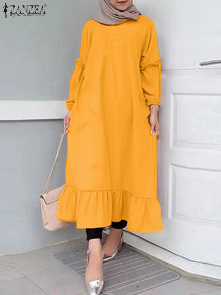 

ZANZEA Fashion Women Ruffles Hem Midi Dress Islamic Clothing O Neck Long Sleeve Solid Sundress Casual Marocain Muslim Vestido