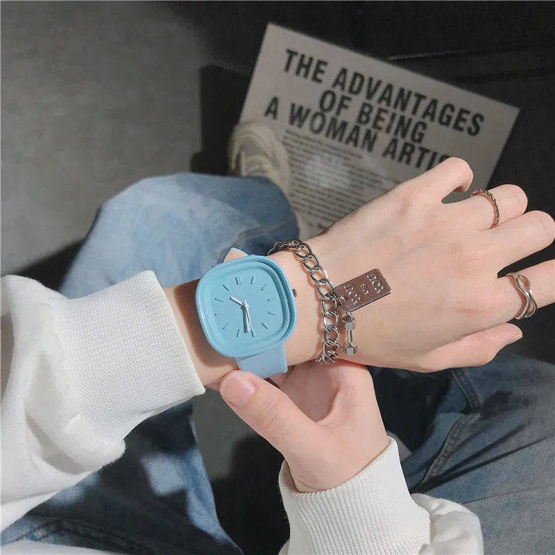 Enlarge Minimalist Square Big Dial Women Watches Simple Macaron Colors Quartz Wristwatches For Girls Qualities Leather Clock W9951