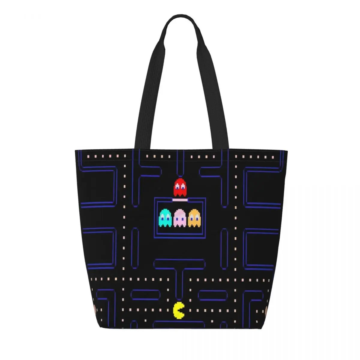 

Custom PacMan Doodle Arcade Game Canvas Shopping Bags Women Portable Large Capacity Groceries Tote Shopper Bags