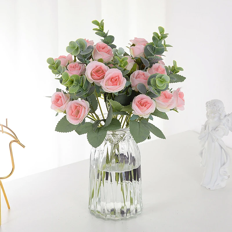 

10 Heads Artificial Flowers White Silk Roses Eucalyptus Leaves Bouquet Fake Flower Christmas Wedding Party Vase Home Decoration