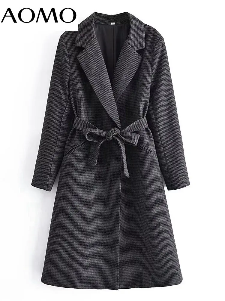 AOMO 2022 Winter Women Plaid Woolen Coat with Belt Warm Thick Elegant Long Sleeve Coat Female Overcoat 5D30A