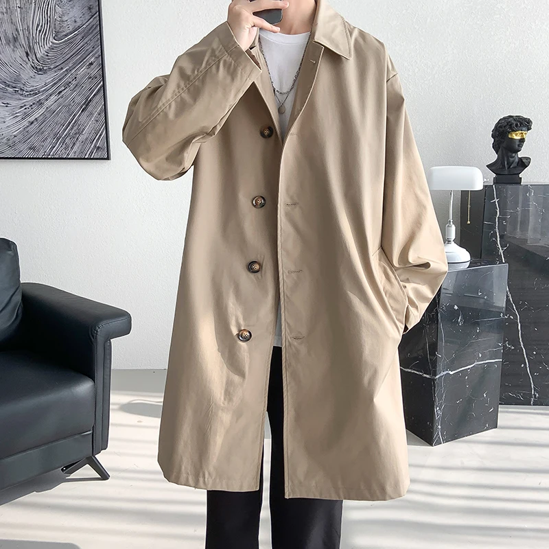 

Coat Solid Trench Fashion Breasted Streetwear Men Size Trench Long Loose Color Single Casual M-5XL Windbreaker Plus Man Men's