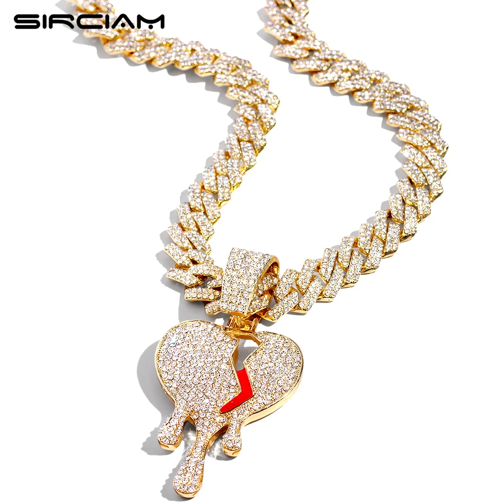 

Hip Hop 14MM Clustered Square Miami Cuban Link Men's Necklace Iced Out Rhinestones Broken Heart Pendant Necklaces Trendy Jewelry