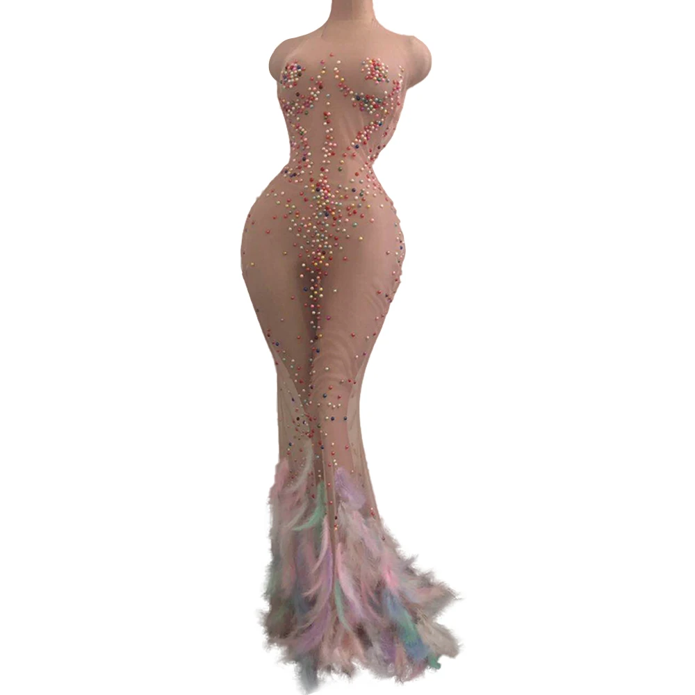 

Sexy Multicolor Beading See Through Mesh Mermaid Long Dress Women Bodycon Perspective Evening Party Feathers Dress Stage Outfits