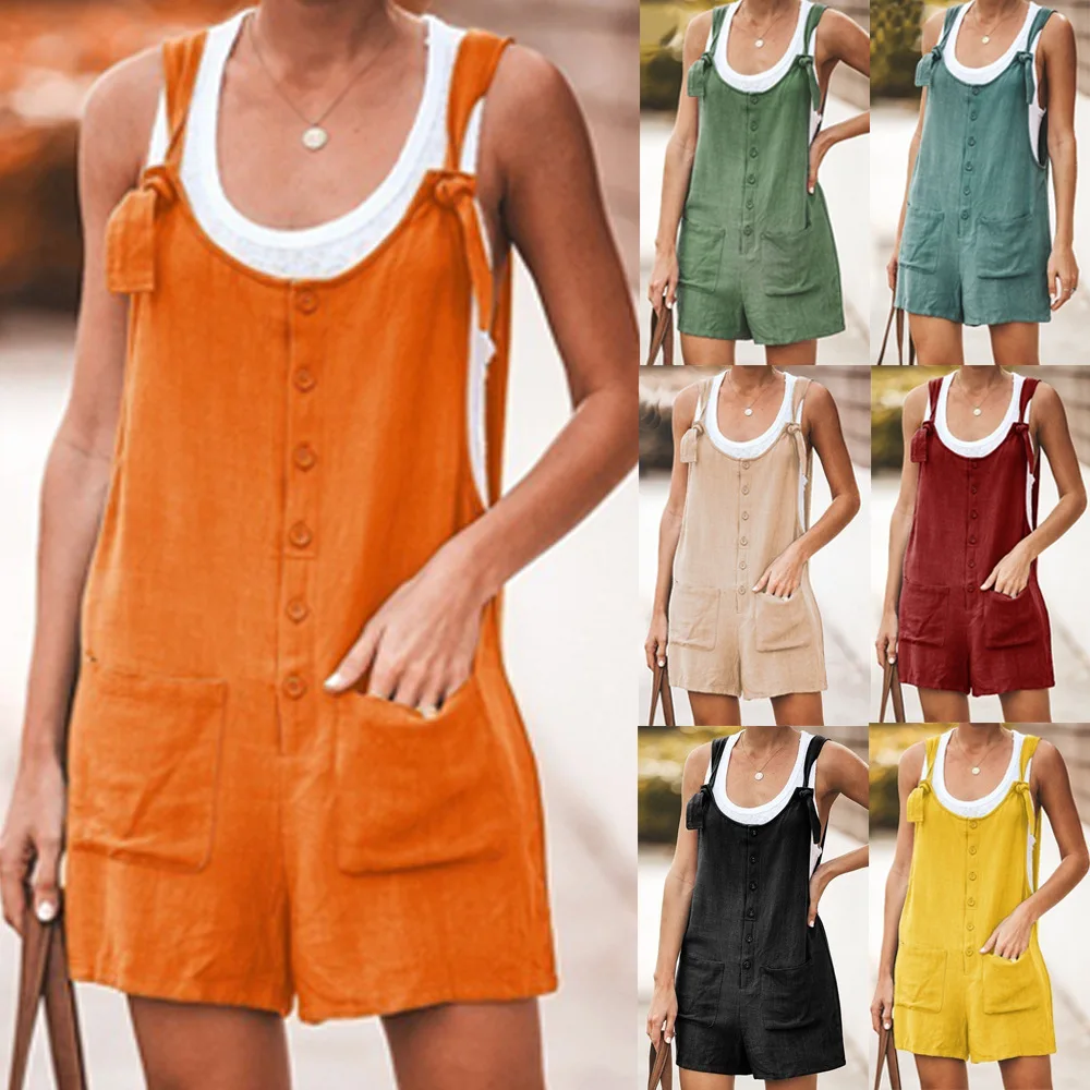 

2022 new women's solid color patch pocket lace cotton and linen overalls