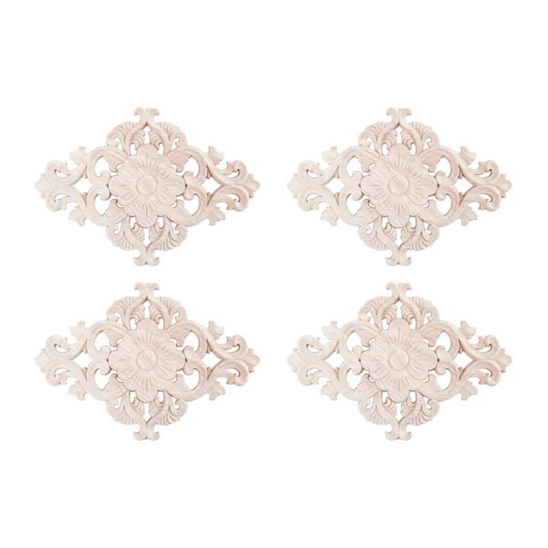 

4X Lots Wood Carved Long Onlay Applique Unpainted Flower Walls Cabinets Door Decor Type:21X15cm