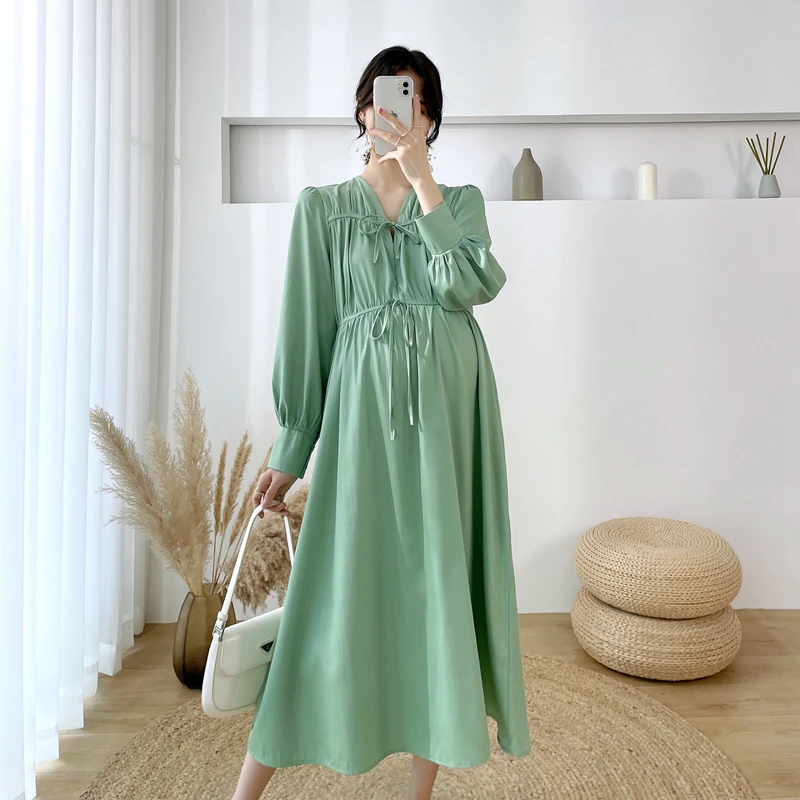 

Spring Autumn Korean Fashion Thin Cotton Maternity Long Dress Elegant Chic Ins A Line Slim Loose Clothes For Pregnant Women 2022
