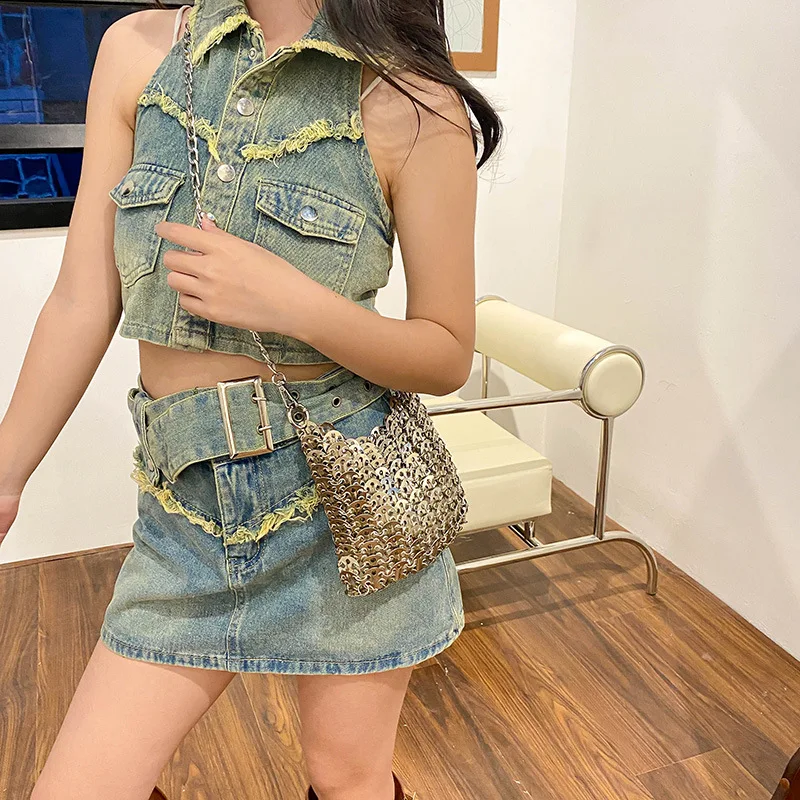 

Luxury Sequins Handbags 2024 New Metal Silver Shoulder Side Bag for Women Bling Bling Fashion Lady Bucket Handbags Girls Purses