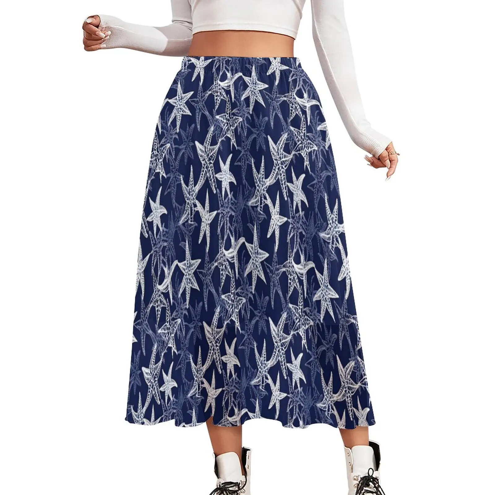 

White Starfish Chiffon Skirt Nautical Navy Blue Street Fashion Casual Skirts Lady Trendy Boho Skirt Custom Clothes Birthday Gift