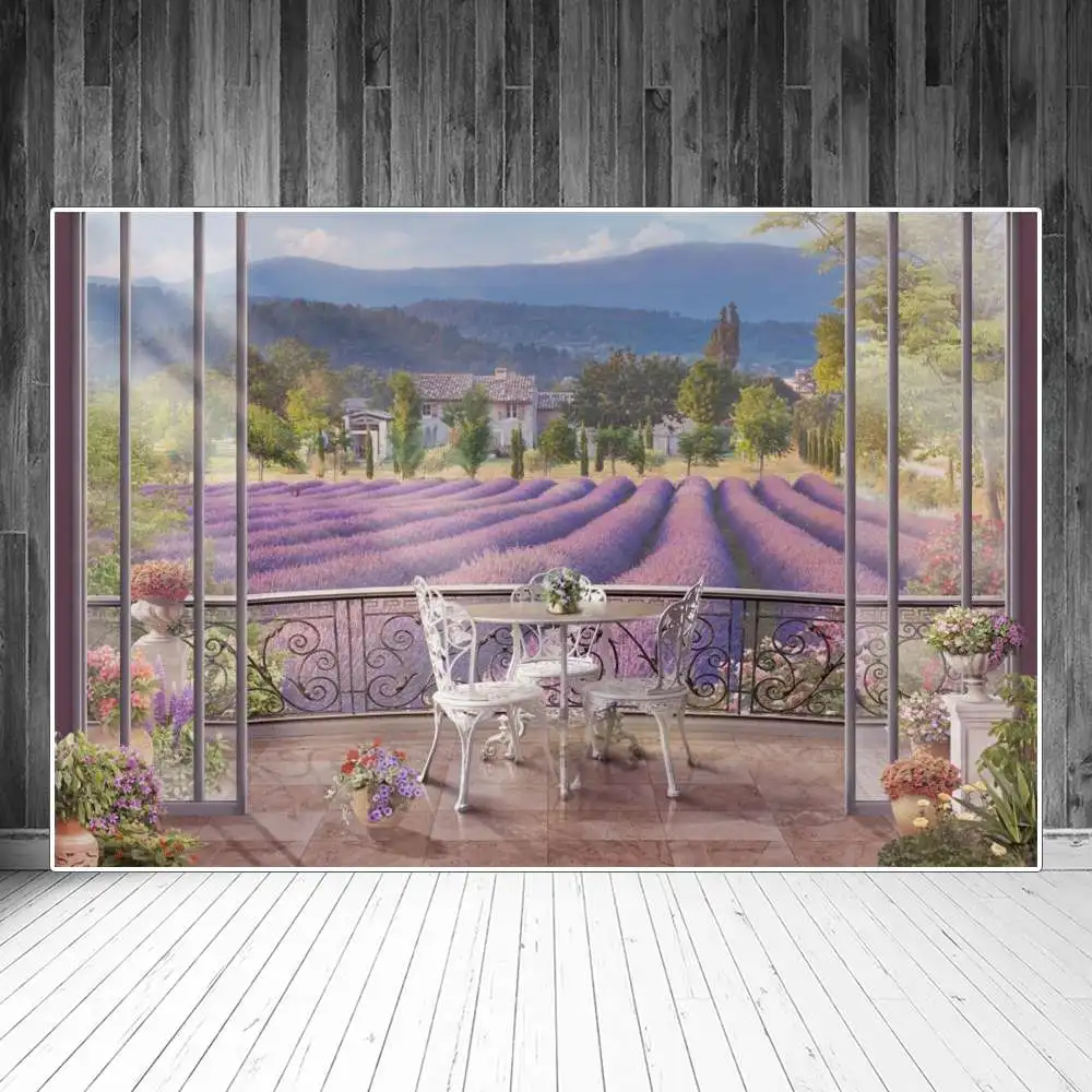 

Rural Lavender Field Balcony Landscape Photography Backgrounds Mountain Forest Building Holiday Party Decoration Photo Backdrops