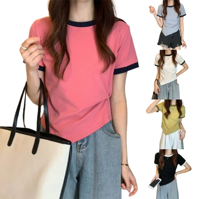 

50JB Women Contrast Color Crew Neck Lounge Short Sleeve Ruffle Top Waist Insgrams Top