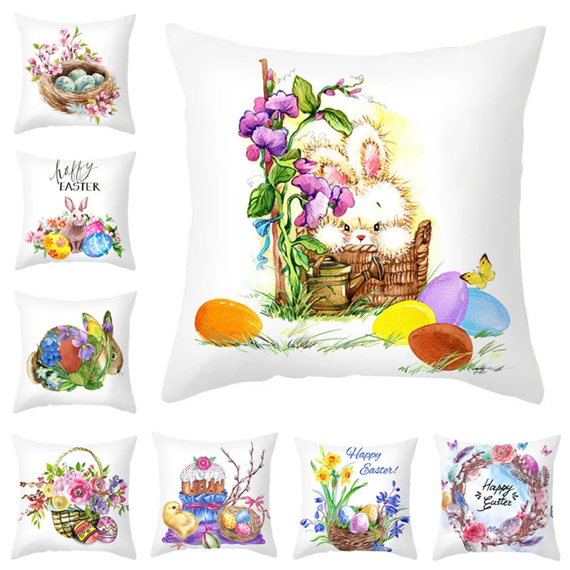 

Happy Easter Cushion Cover Bunny Eggs Decorative Pillow Cover Easter Rabbit Print Pillow Case Sofa Car Cushion Cover Home Decor