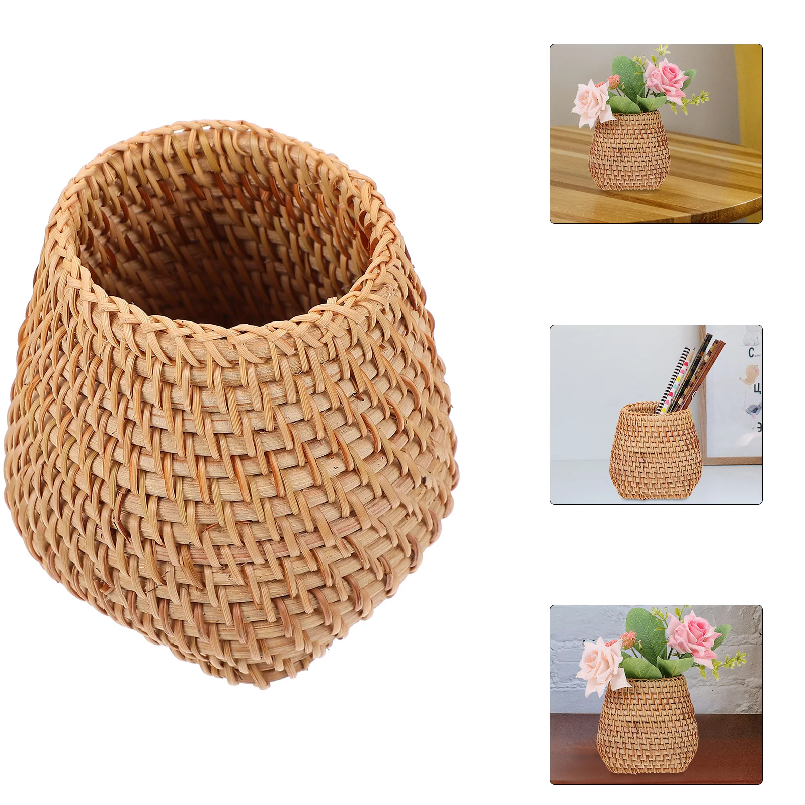 

Pen Holder Desk Desktop Stand Woven Storage Box Desktop Organizer Rattan Storage Tube Cup Wood Pots