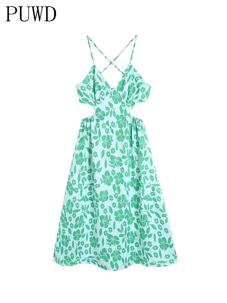 

PUWD Casual Women Green Blackless Midi Dress 2022 Summer Fashion Ladies High Street Sweet Dress Female Flower Printed Dress