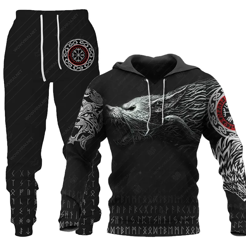 

2022 3D Viking Tattoo Men's Sweatshirt Hoodies Sets Men's Tracksuit/Pullover/Pants Cool Sport Suits Autumn Winter Male Suit