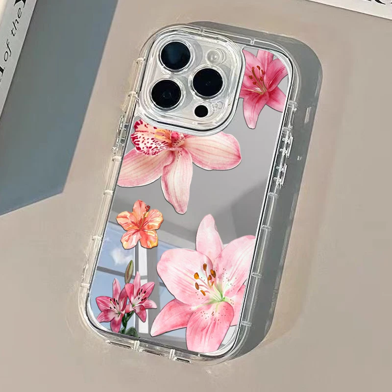 Фото Чехол для телефона с зеркалом и розовыми цветами гибискуса для iPhone 11 12 13 14 15 16 17 Pro Max 7 8 Plus XR X XS 16E 17E, противоударная задняя крышка №2