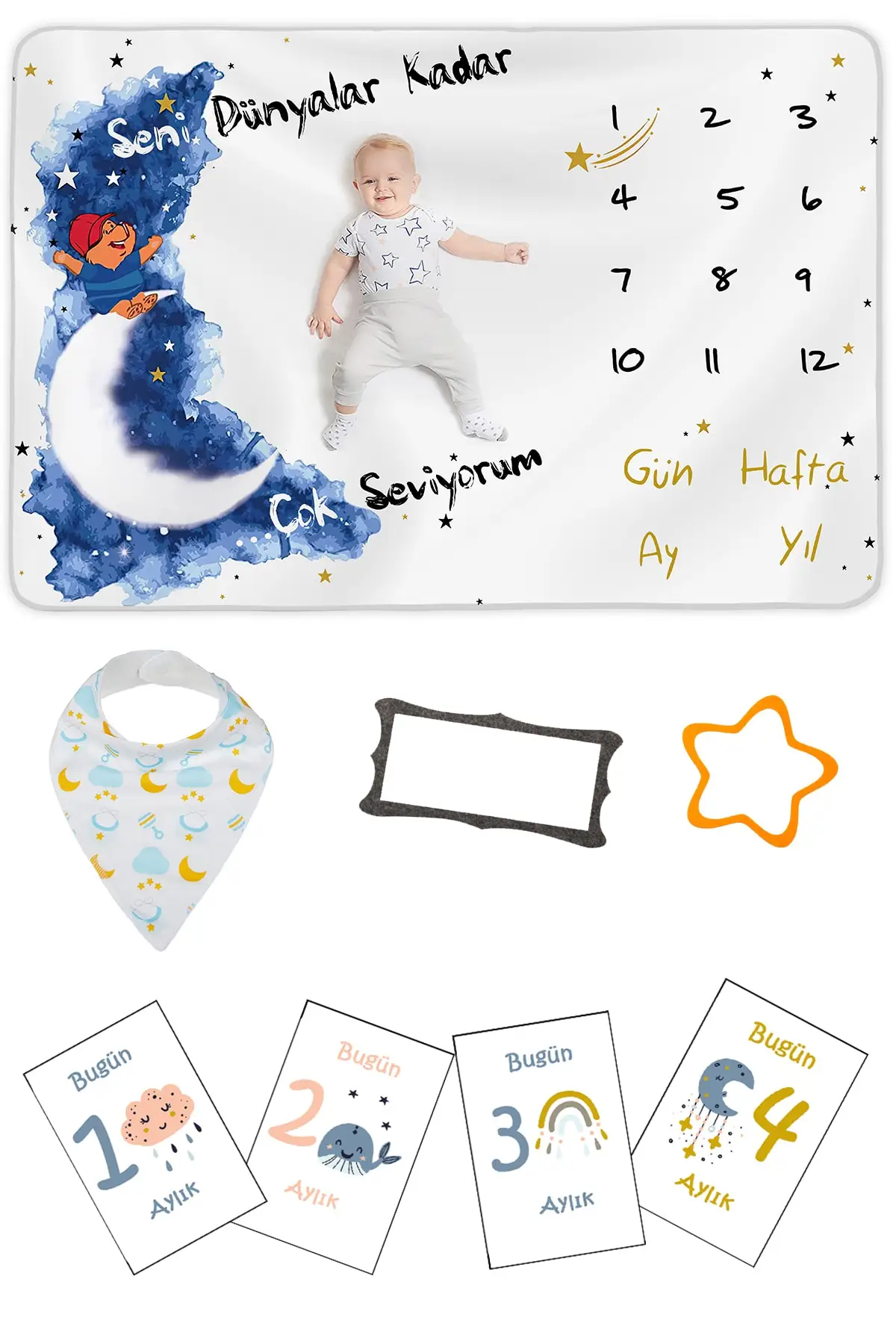 Male Baby Newborn Gift Moment Blanket 150x100cm, Cards, Bib, 5'li Set Gift Mother & Kids