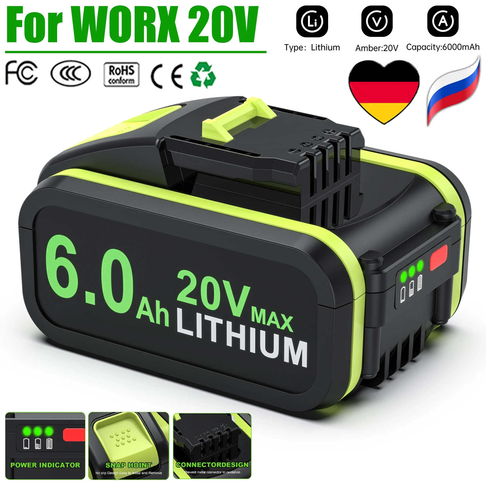 Аккумуляторы для электроинструментов Worx WA3553, 6000 мач, 20 в, WA3551, WA3572, WA3553, WX390, WA3551, WX176, WX178