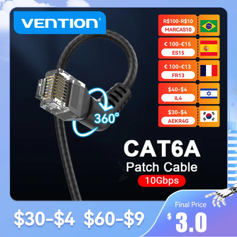 Vention CAT6A Ethernet кабель 10 Гбит/с 90/360 градусов вращения CAT 6A тонкий сетевой Интернет Lan шнур для ПК PS4 маршрутизатор RJ45 кабель