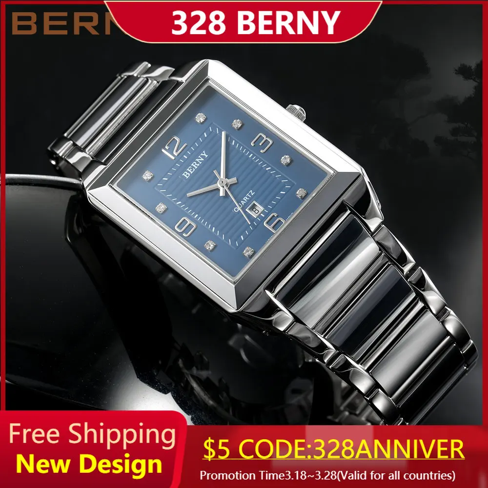 BERNY Quartz Watch for Men Tank Wristwatches Sapphire Business Watches Full Stainless Steel Tungsten steel Case Waterproof Watch