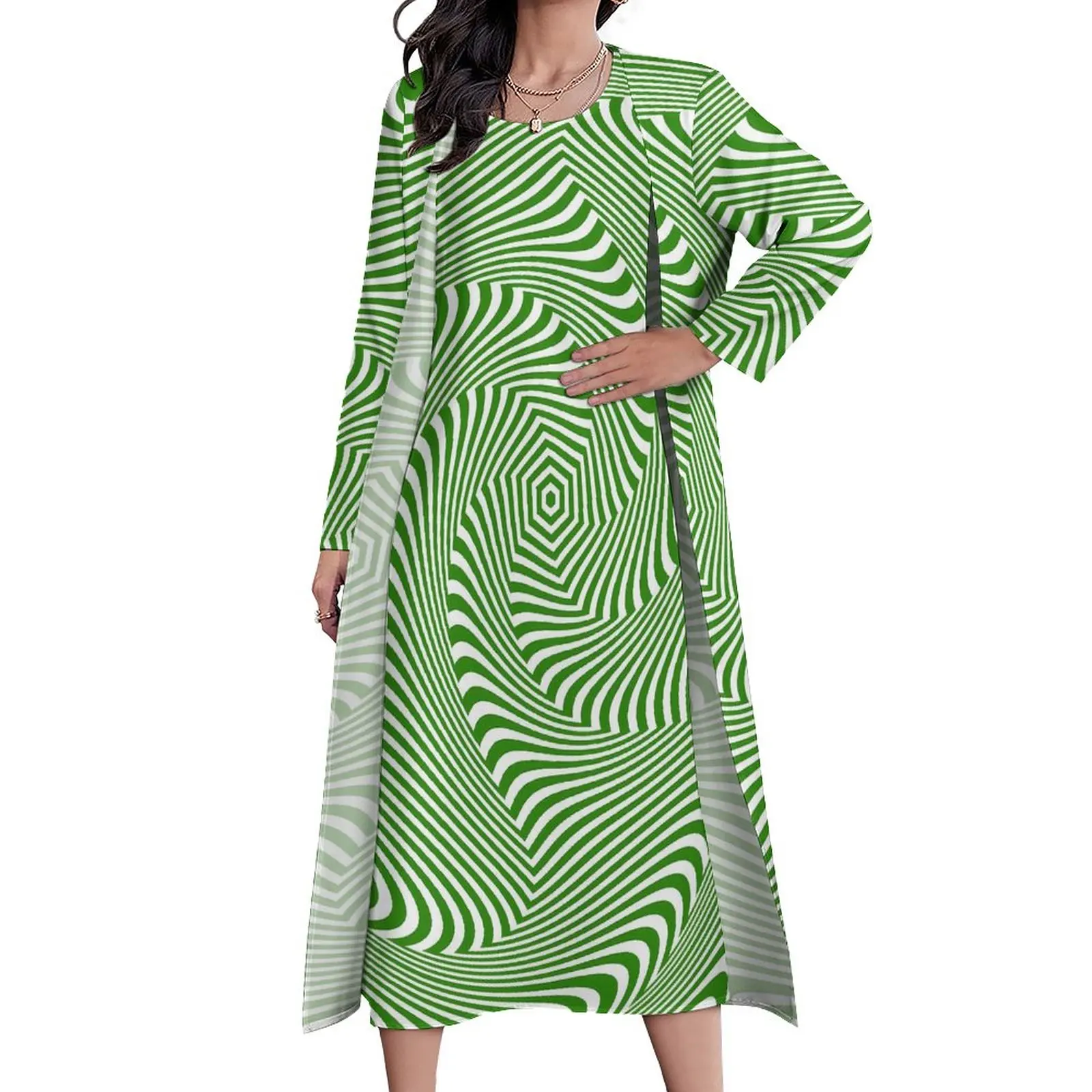 

Green Curve Print Dress Summer Swirl Lines Street Fashion Bohemia Long Dresses Woman Printed Vintage Maxi Dress 3XL 4XL 5XL