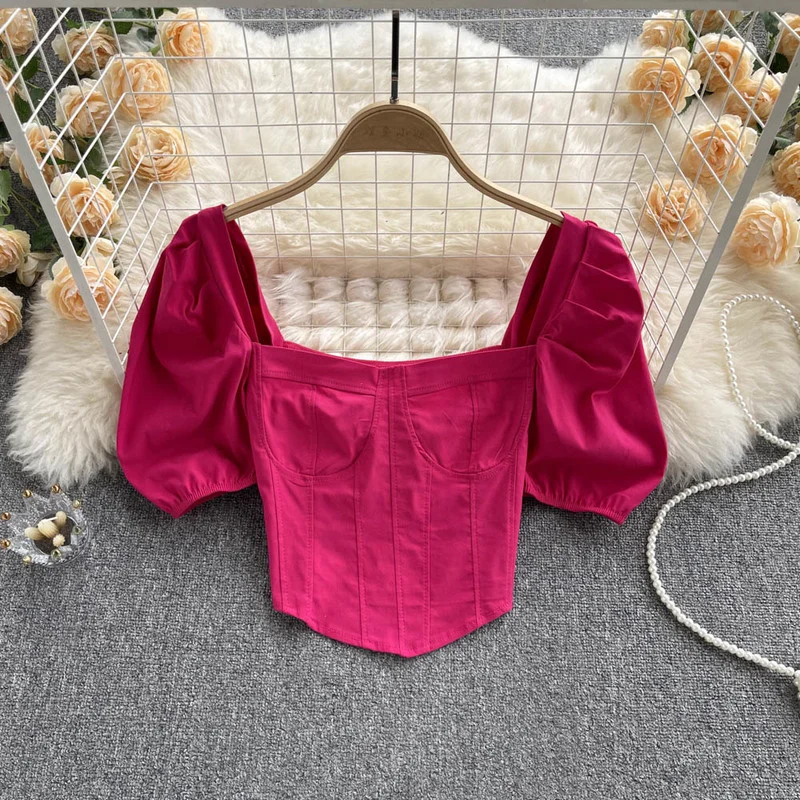 

Hikigawa Chic Fashion Women Tops Summer Solid Square Collar Puff Short Sleeve Female Blouse Streetwear Cropped Y2k Top Mujer