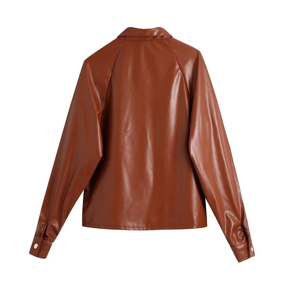 Fall and winter new fashion women's retro temperament lapel long sleeve pleated design imitation leather shirt