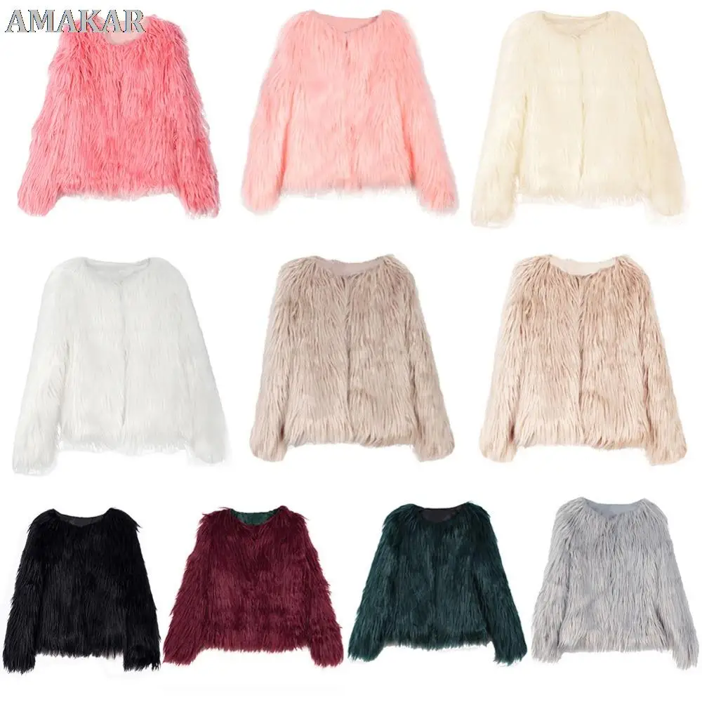 Fashion Furry Faux Fur Coat Women Fluffy Warm Long Sleeve Female Outerwear Autumn Winter Coat Jacket Hairy Collarless Overcoat