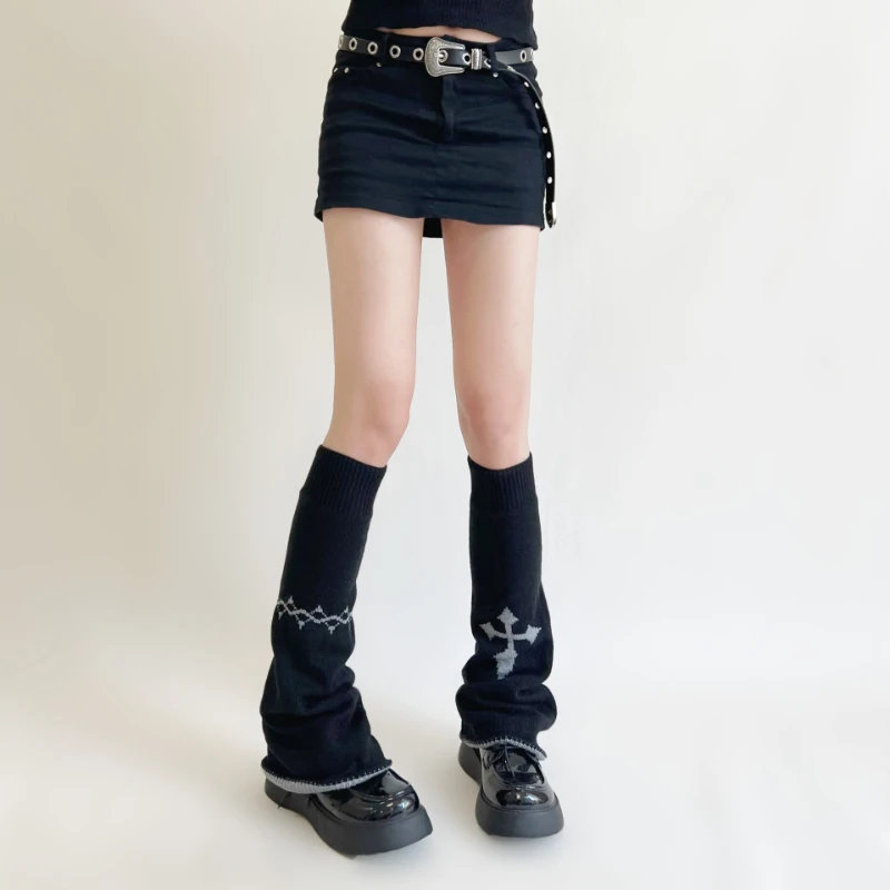 Y2k Girl Harajuku Leg Warmers Gothic Black Lady Knit Cross Leg Warmer 2022 Chic Mujer Knitted Reversible Sock