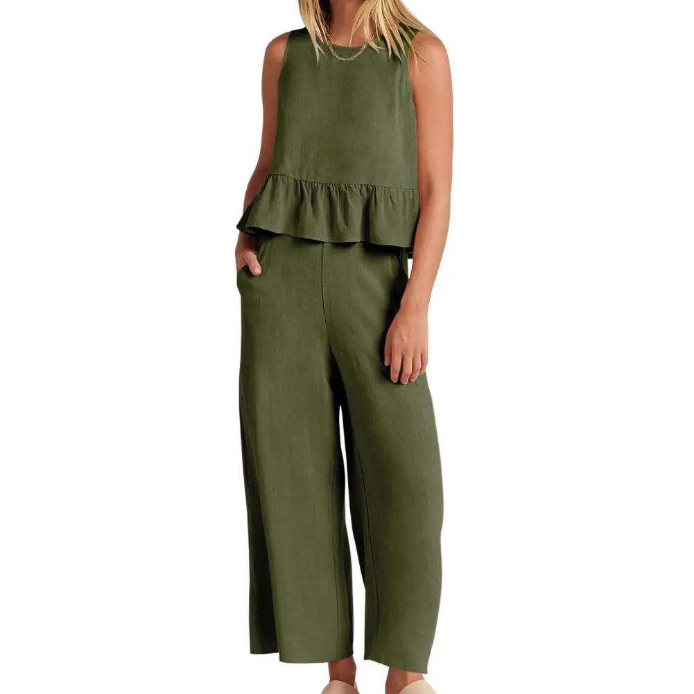 

Женский спортивный костюм из 2 предметов, однотонный Повседневный Топ без рукавов с круглым вырезом и оборками на подоле, брюки с широкими штанинами