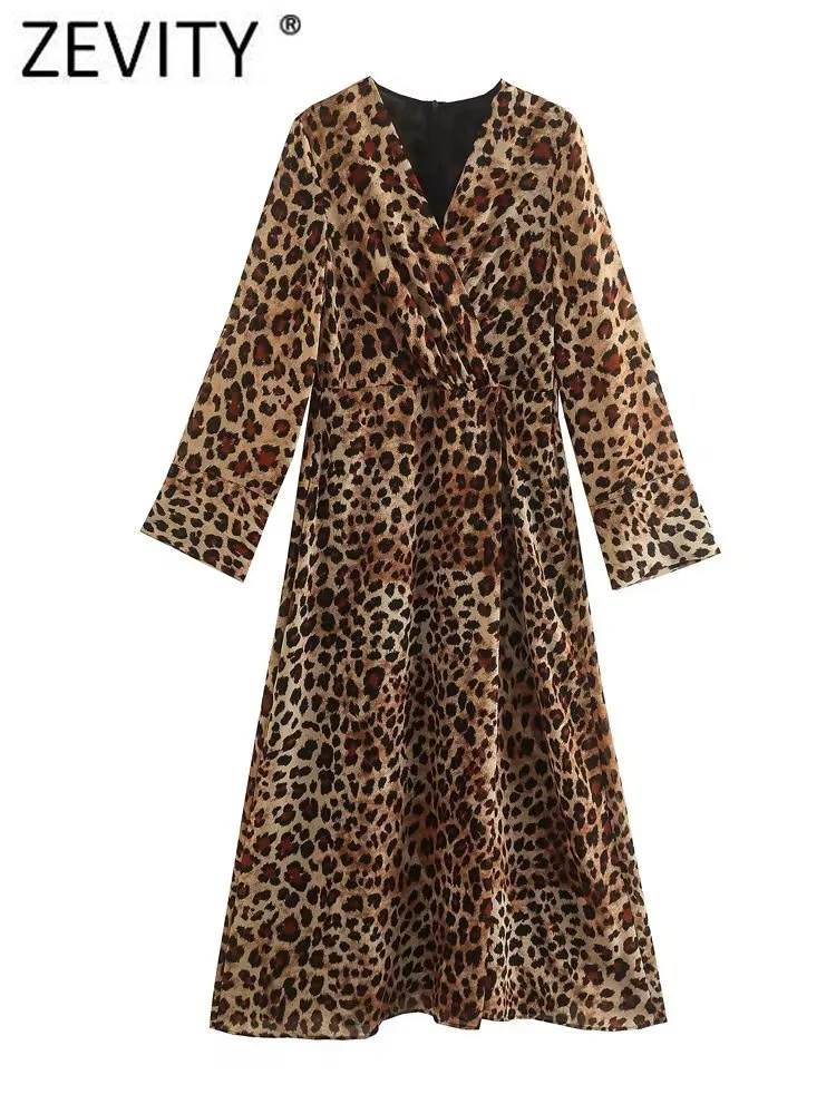 

Zevity New Women Vintage Pleats Design Cross V Neck Leopard Print Casual Slim Midi Dress Office Lady Back Zipper Vestidos DS2540
